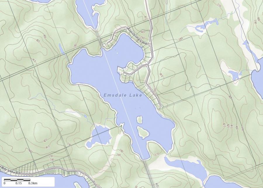 Topographical Map of Emsdale Lake in Municipality of Kearney and the District of Parry Sound